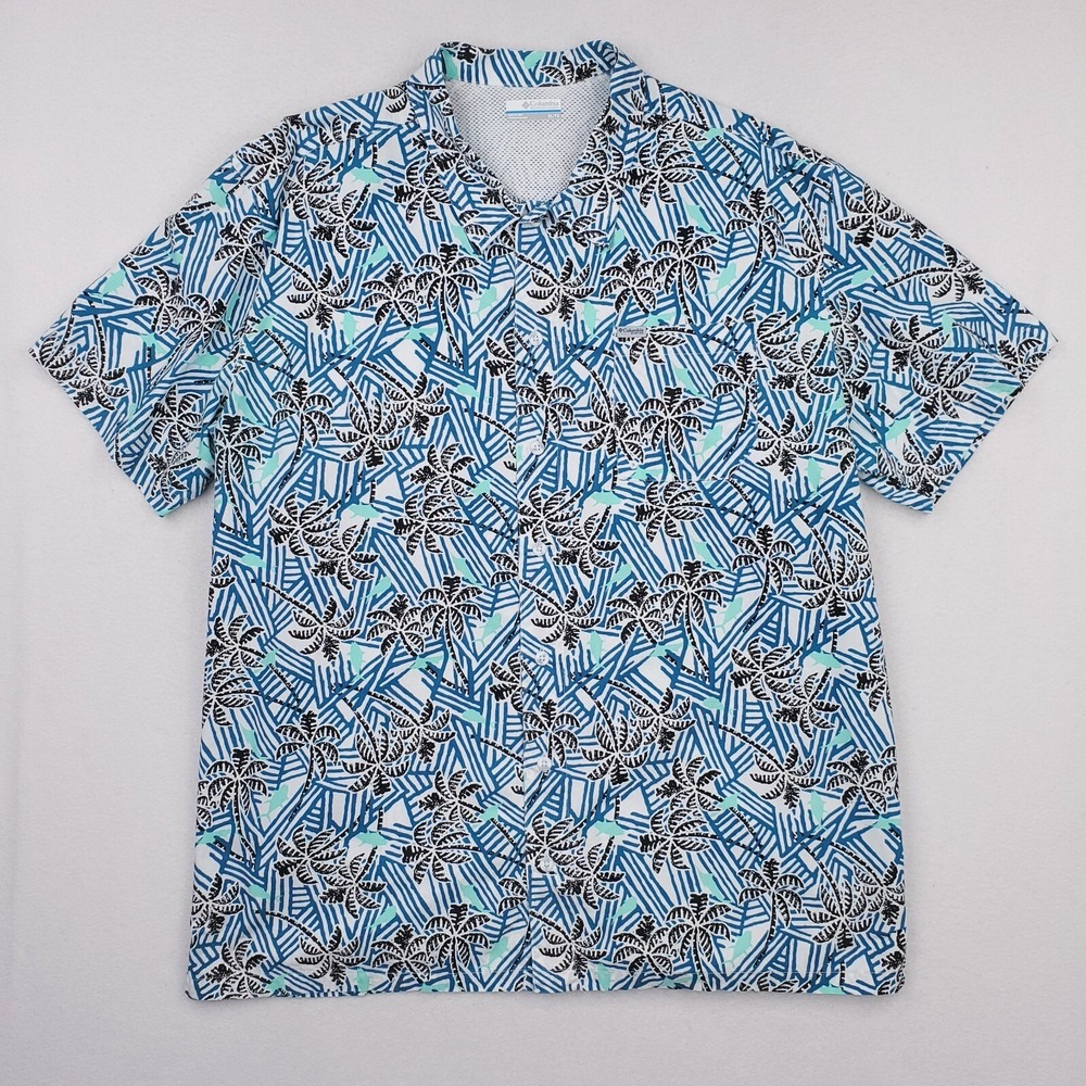 Columbia Shirt Men Extra Large Blue PFG Hawaiian Abstract Floral All Over Vented